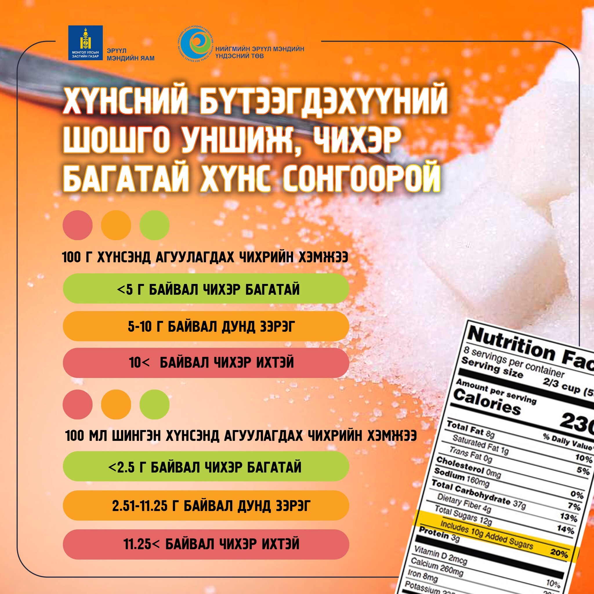 Хүнсний бүтээгдэхүүний шошго уншиж, чихэр багатай хүнс сонгоорой.  Хэрвээ 100 гр хүнсэнд агуулагдах чихэр (сахар)-ийн хэмжээ 10 гр-аас их бол чихэр ихтэй хүнс гэж үзнэ.