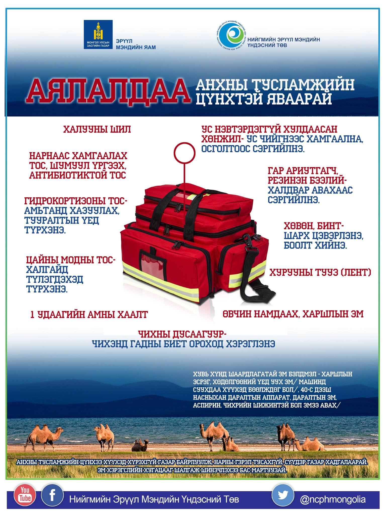 Иргэд та бүхэн аялал зугаалгаар явахдаа АНХНЫ тусламжийн цүнхтэй яваарай