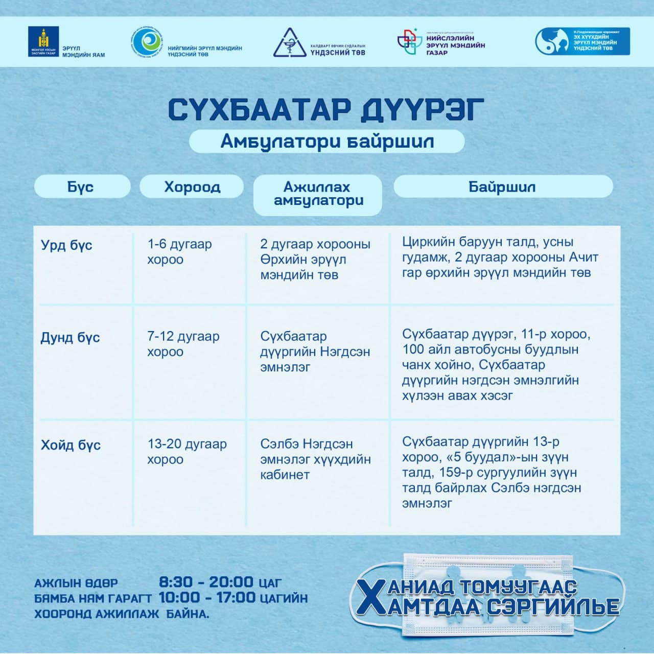 Томуу ттө-ий үед уртасгасан цагаар дараах амбулаториуд ажиллаж байна