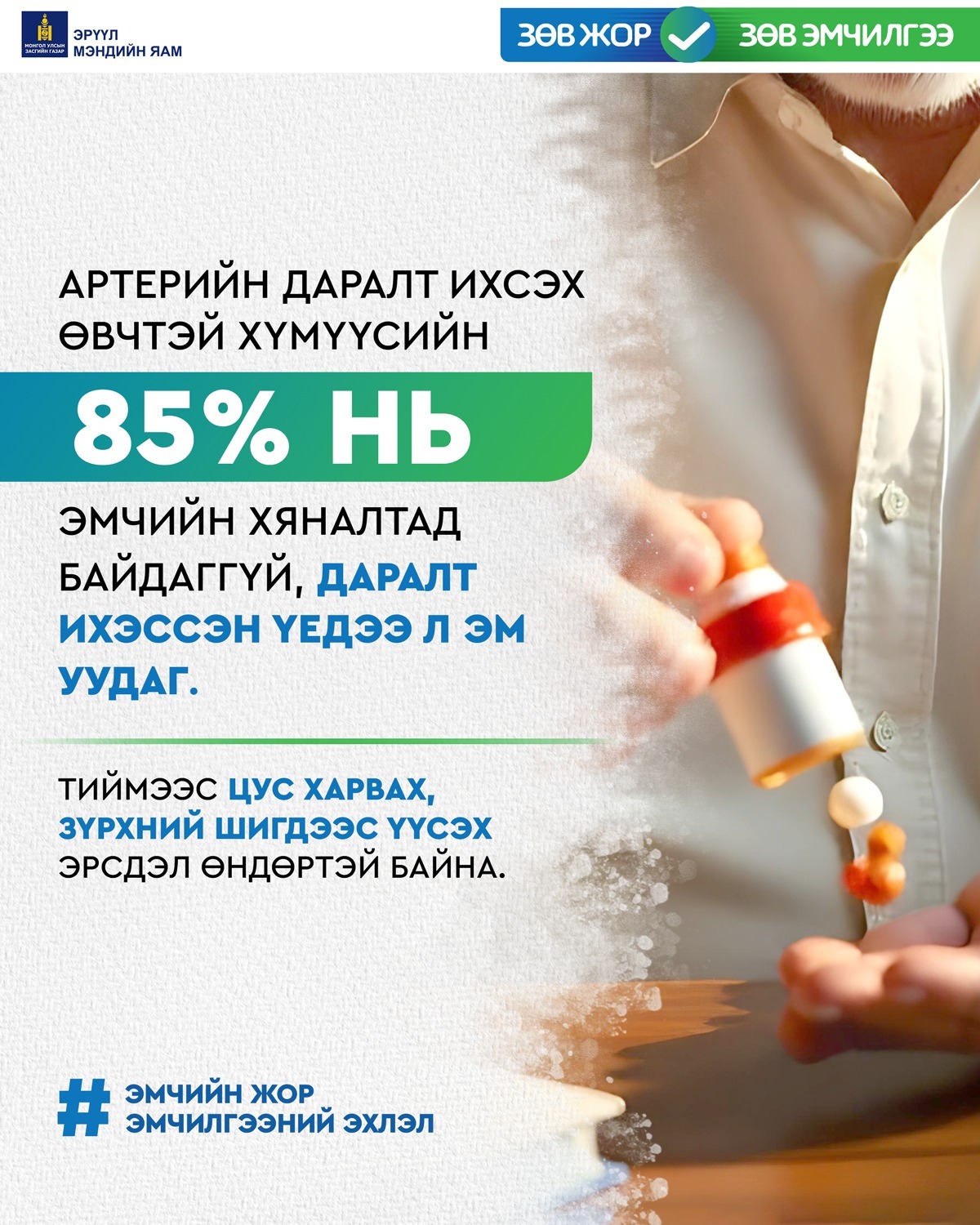 Артерийн даралт ихсэх өвчтэй хүмүүсийн 85% нь эмчийн хяналтад байдаггүй, даралт ихэссэн үедээ л эм уудаг