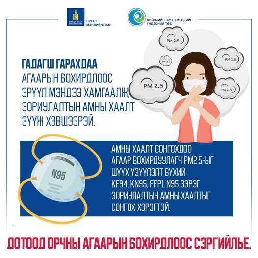Амны хаалт сонгохдоо агаар бохирдуулагч PM2.5-ыг шүүх үзүүлэлт бүхий KF94, N95 зэрэг зориулалтын амны хаалтыг сонгоорой