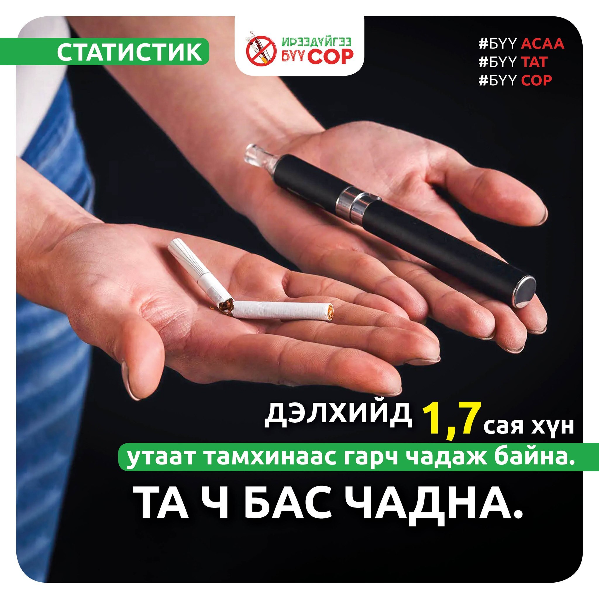 Монгол улсад 5 хүн тутмын нэг нь утаат тамхи татдаг
