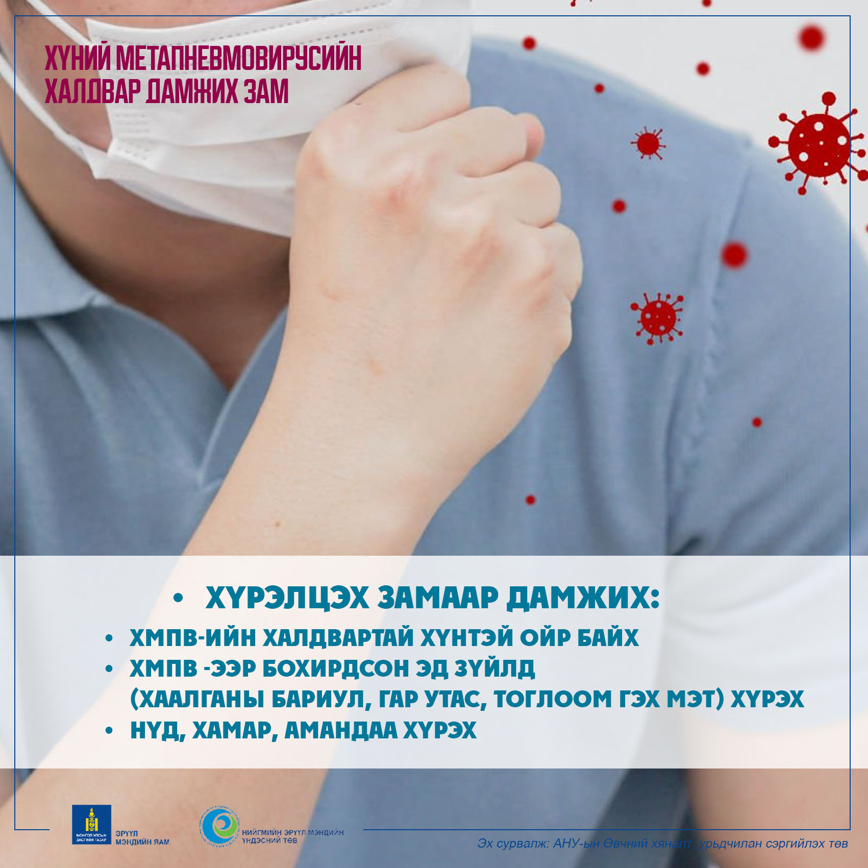 Хүний метапневмовирусийн халдварын (ХМПВ) дамжих хэлбэр нь амьсгалын замын ихэнх вирустэй төстэй бөгөөд голчлон дараах замаар дамждаг.