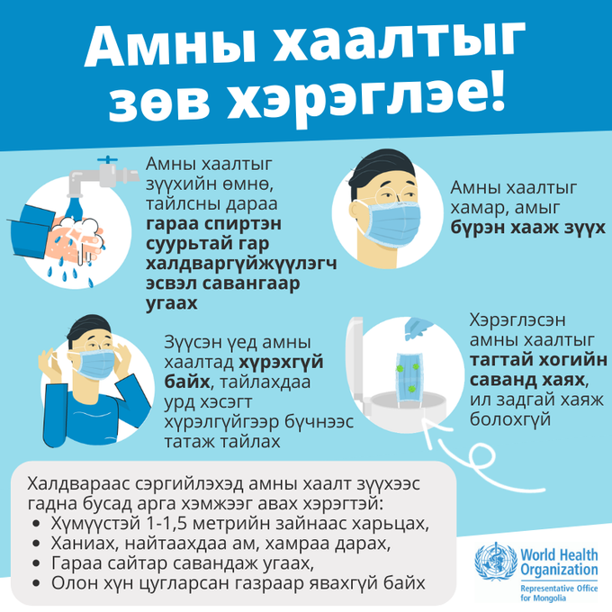 Амны хаалт буюу маскыг тогтмол, зөв зүүж хэвшье!