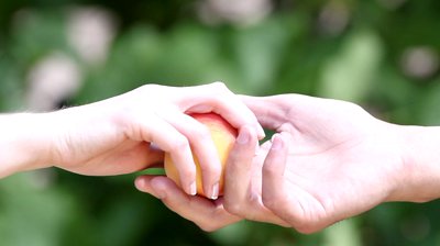 stock-footage-man-gives-a-peach-to-a-woman-close-up-hands