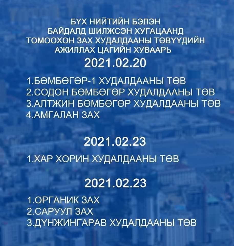 2021.02.19: Өнөөдөр нээж буй зах, худалдааны төвүүд