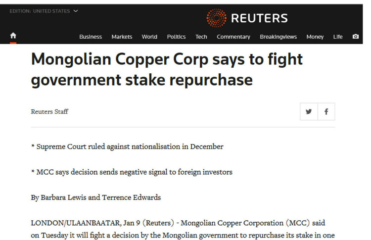 Ройтерс: Эрдэнэтийн асуудал хөрөнгө оруулагчдын анхаарлын төвд байна